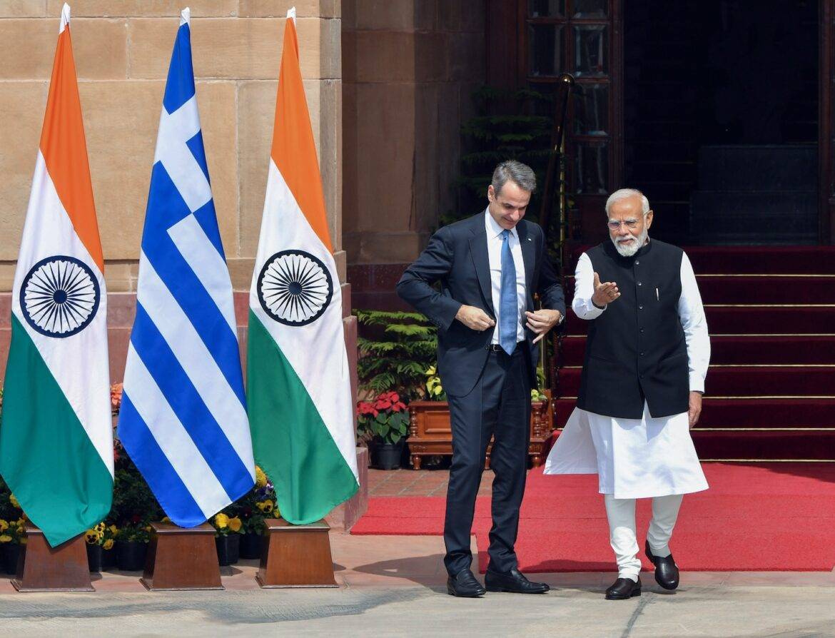 PM Narendra Modi welcomes Greek PM Kyriakos Mitsotakis at the Hyderabad House